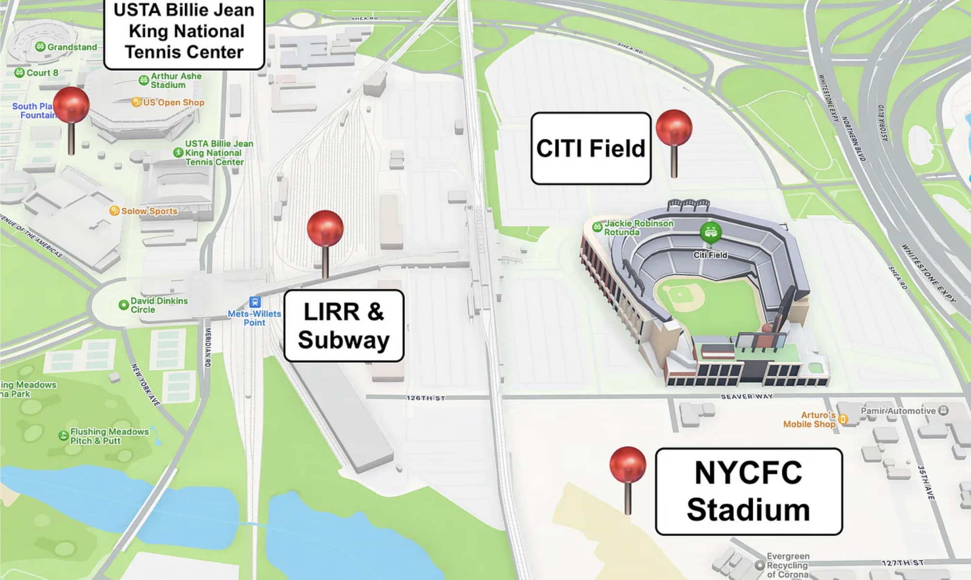 The red pins represent Citi Field, USTA Billie Jean King National Tennis Center and NYCFC’s new stadium — map provided by Apple.